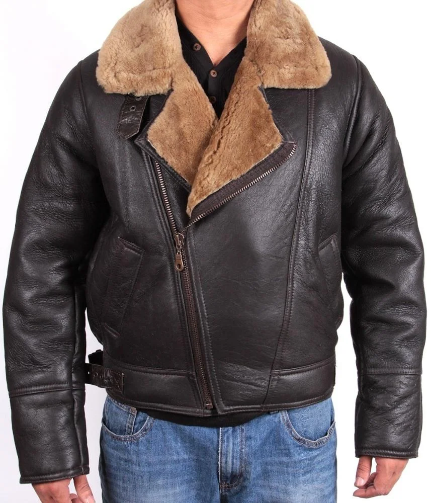 Мужская зимняя кожаная куртка Sherpa 2021 оптом коричневый истребитель Авиатор B3 мех Овчина