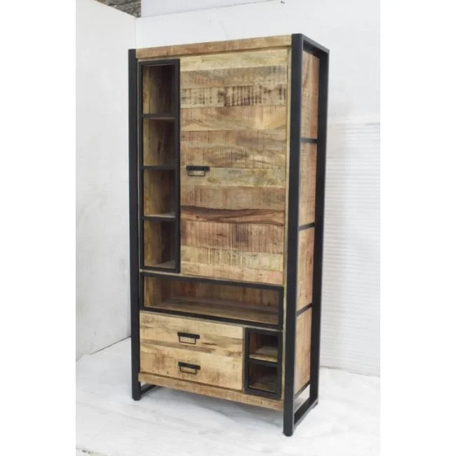 Solid Mango Wood  Antique Finish Big Size Huge Metal Frame Industrial Vintage Living Drawer Panel Cabinet