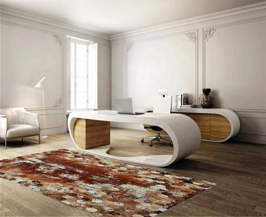 Acid washed cowhide  hairon area rug with foil Beehive design Patchwork cowhide gold devore rug and Handmade Carpets