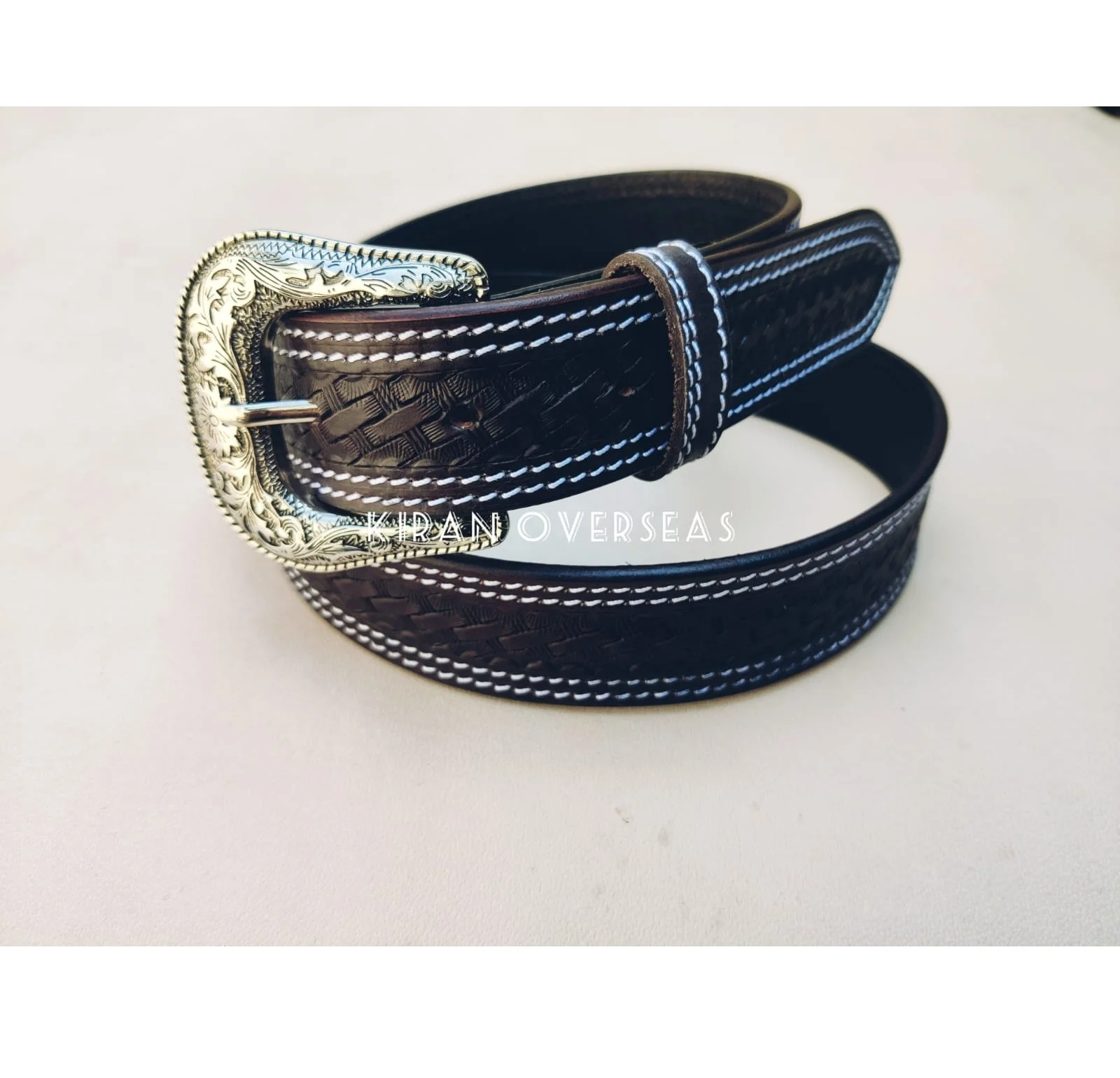 Black Leather Premium Cowhide Hand Tooled Carved Basket White Thread Braided Design Western Style Leather Belts For Men or Women