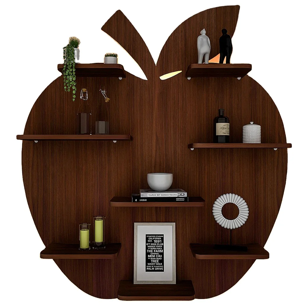 Apple Shape Backlit Wood Wall Shelf / Book Shelf / Night Light, Walnut Finished