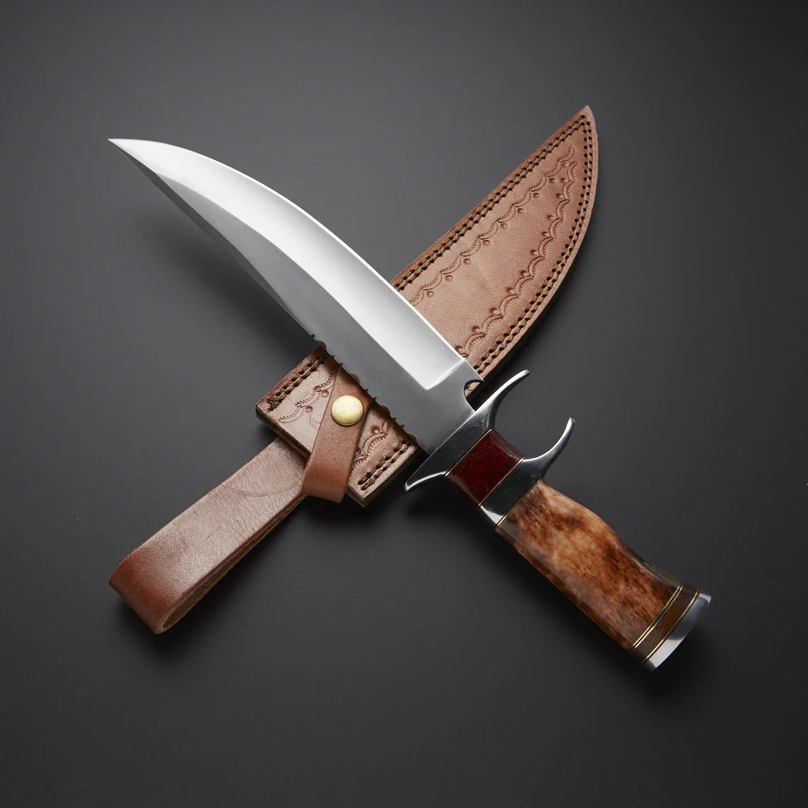 High Quality Custom Classic Bowie Hunting Knife with Bone Handle OEM Support with leather sheath hot sale Stainless steel