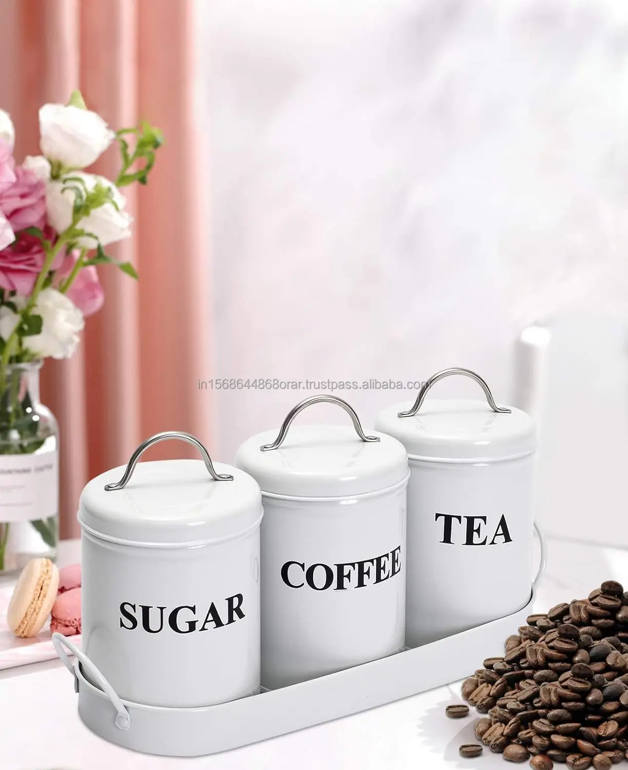Retro Farmhouse Country Decor round Airtight Metal Tea Coffee Sugar Storage Canister Container Jar Set of 3