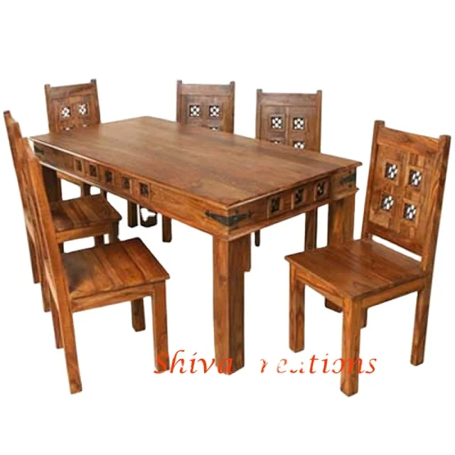 High Quality Wholesale European Style Dining Room Set Solid Sheesham Wooden Dinning Table and Chairs for Home or Hotel Use