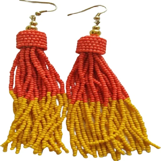 Handmade Glass Bunch Tassels Red and Yellow Combination  Beaded Hoop Earrings