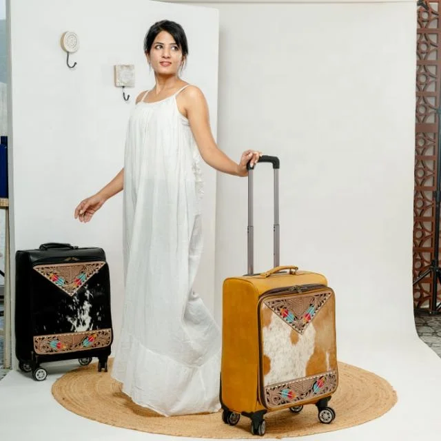 Tooled Leather Travel Trolley Bag for Unisex Hair On Genuine Cow Leather Floral Carry On Luggage Durable Luxury Rolling Suitcase