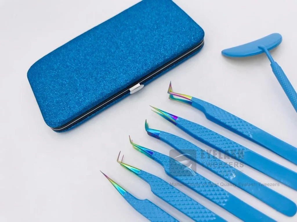 Sky Blue Color Coated With Rainbow Tip Sustainable Steel Diamond Grip Private Label Eyelash Extension Tweezers Lash Tweezer