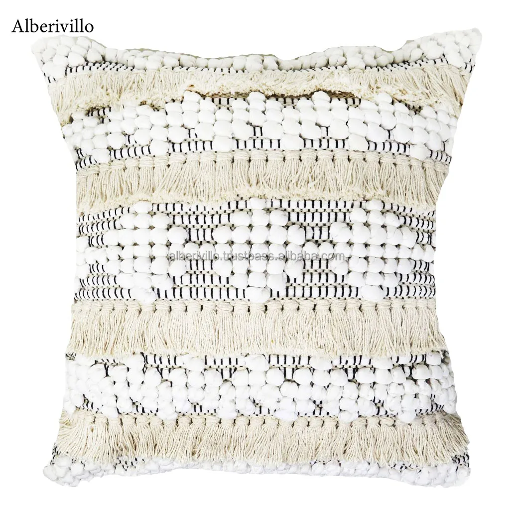 Boho Pillow Case with Tassel Fringe Pattern Hand Embroidered Decorative Cotton Black Stripe Bohemian Cushion Cover