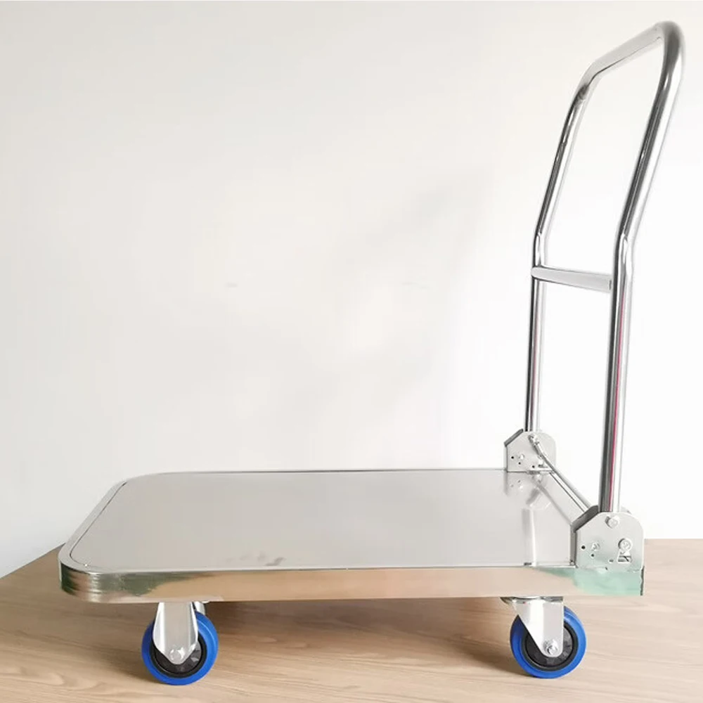 Wholesale 72*48cm Stainless Steel Platform Trolley Hand Cart Foldable High Duty Warehouse Cargo Mobile Premium Flatbed Trolley