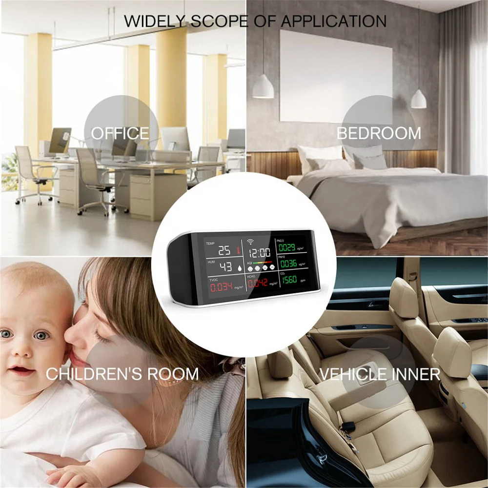 DM69 CO2 Detector WIFI Air Quality Monitor 8 in 1 PM2.5 PM10 TVOC HCHO Temperature Humidity Monitoring Carbon Dioxide Detector
