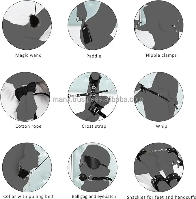 Sex Bondage Kits, BDSM Restraint Toys 7 Pcs, Handcuffs, Ankle, Cuffs, Clamps, Leather, Restraints Set, BDSM Kits (Black)