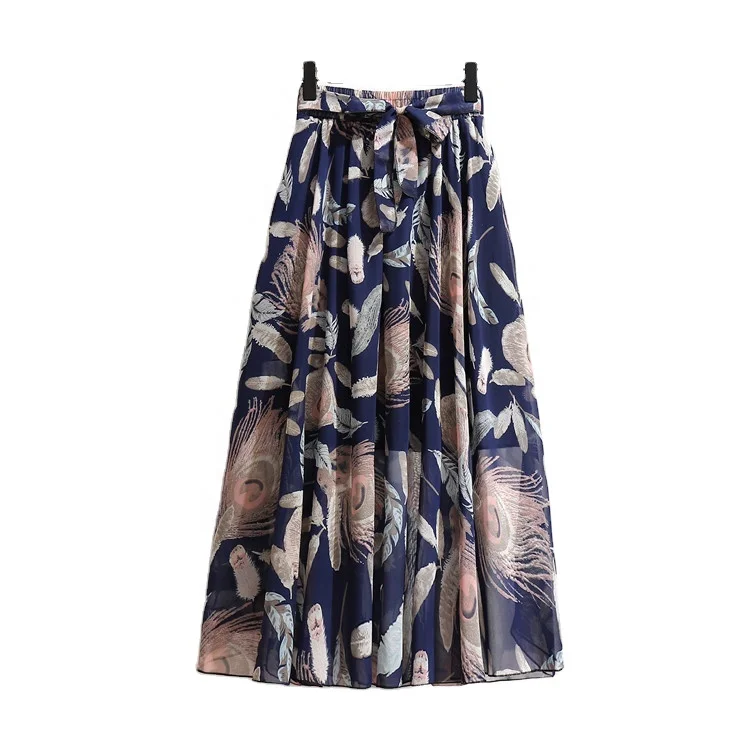 Wholesale Women Clothing Elegant High Waist Pleated Lace Trim Chiffon Silk Maxi Skirt Casual Dresses Light Denim