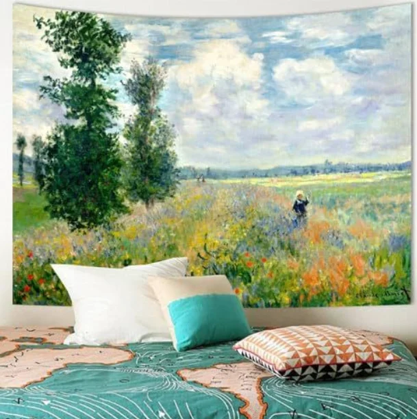 Natural Scenery Art Aesthetic Tapestry Wall Hanging Monet Garden Art Poster Tapestry For Bedroom