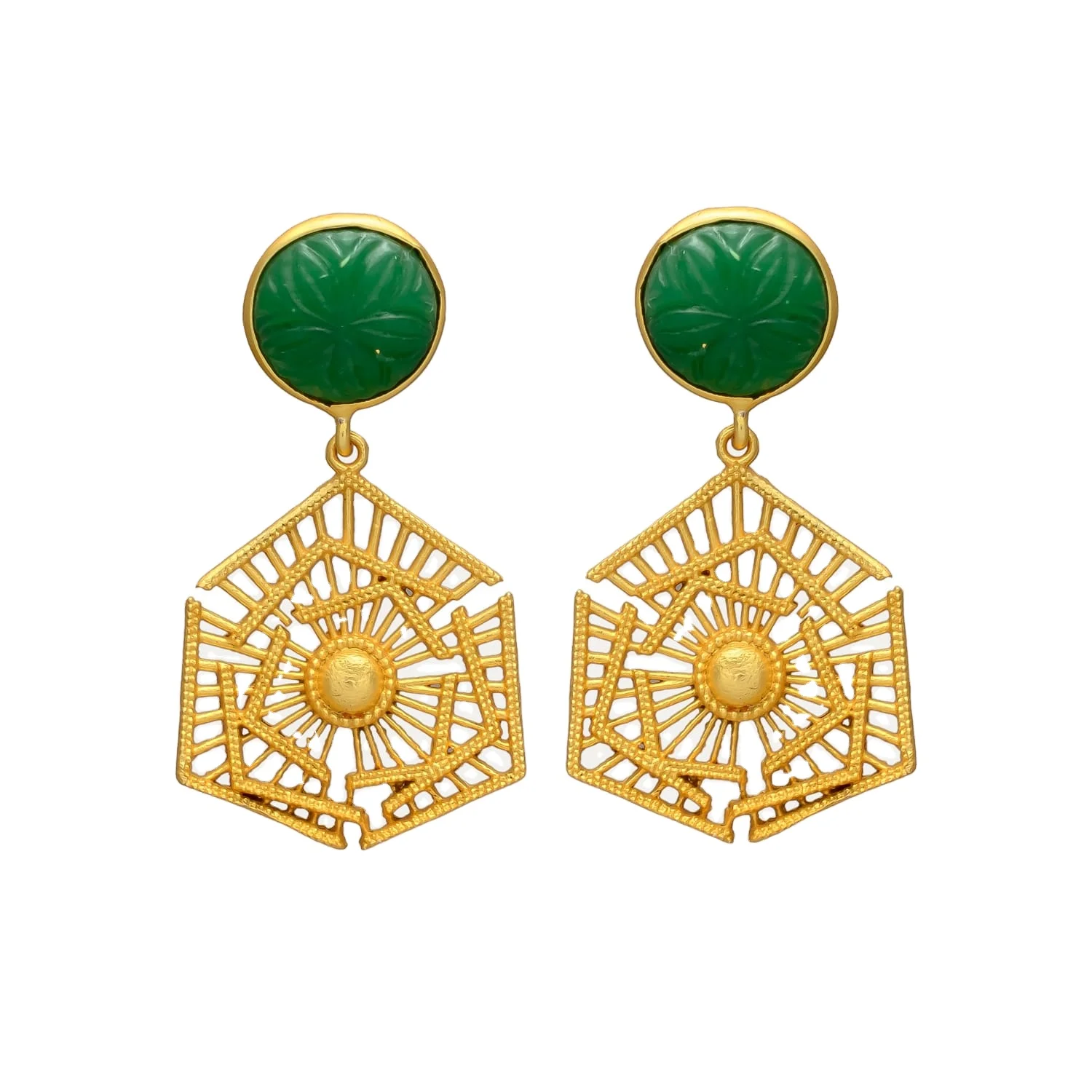 NEW ARRIVAL GREEN MONALISA GOLD PLATED VINTAGE MOROCCAN BRASS HOOPS BOHO TRIBAL MANDALA MOON EARRINGS