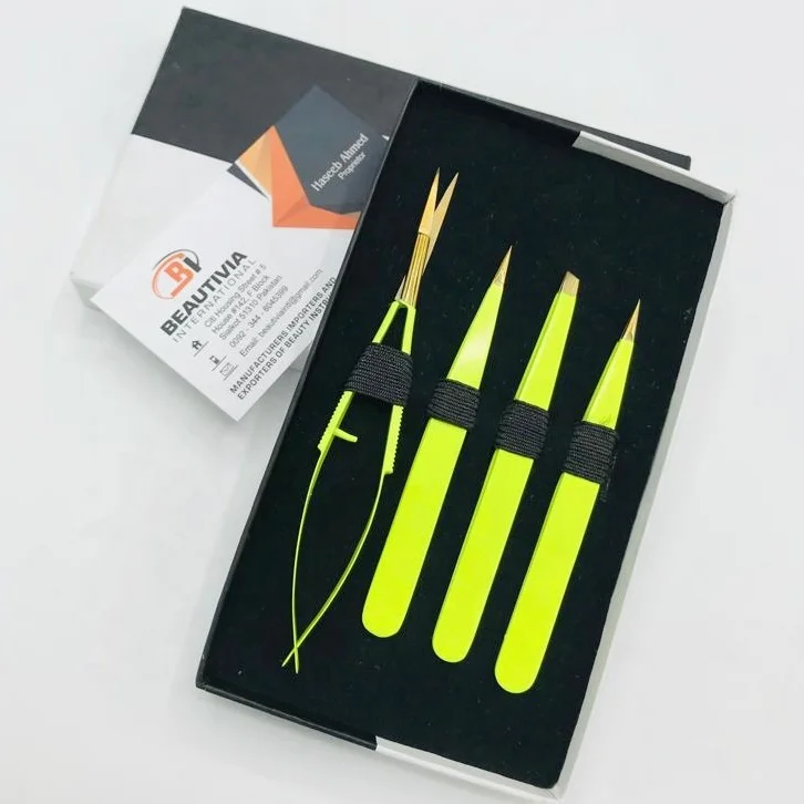 Lime Green With Gold Stainless Steel Eyebrow Tweezers Scissor Set Brow Shaping Tweezer Beauty Cosmetic Tools