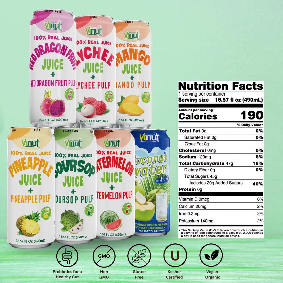VINUT Vietnam Juice Drink with Pulp 490ml  Sugar-Free, Free Sample, Private Label, OEM/ODM Vietnam