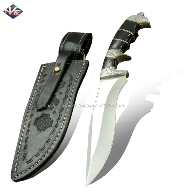 Customise Hand Crafted Camping Knife D-2 Steel Knife with Bull Horn Handle and Cow Hide Leather Sheath
