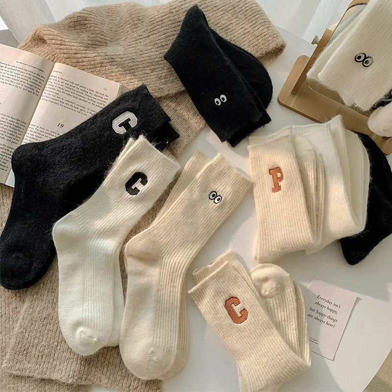 Winter Warm Camel Wool Socks Fashion Embroidery Letters Thick Angola Wool Socks Women