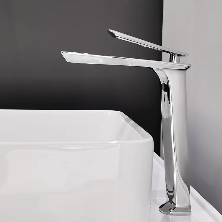 Tall basin brass body single hollow handle faucet cold hot water central deck mounted mixer faucet