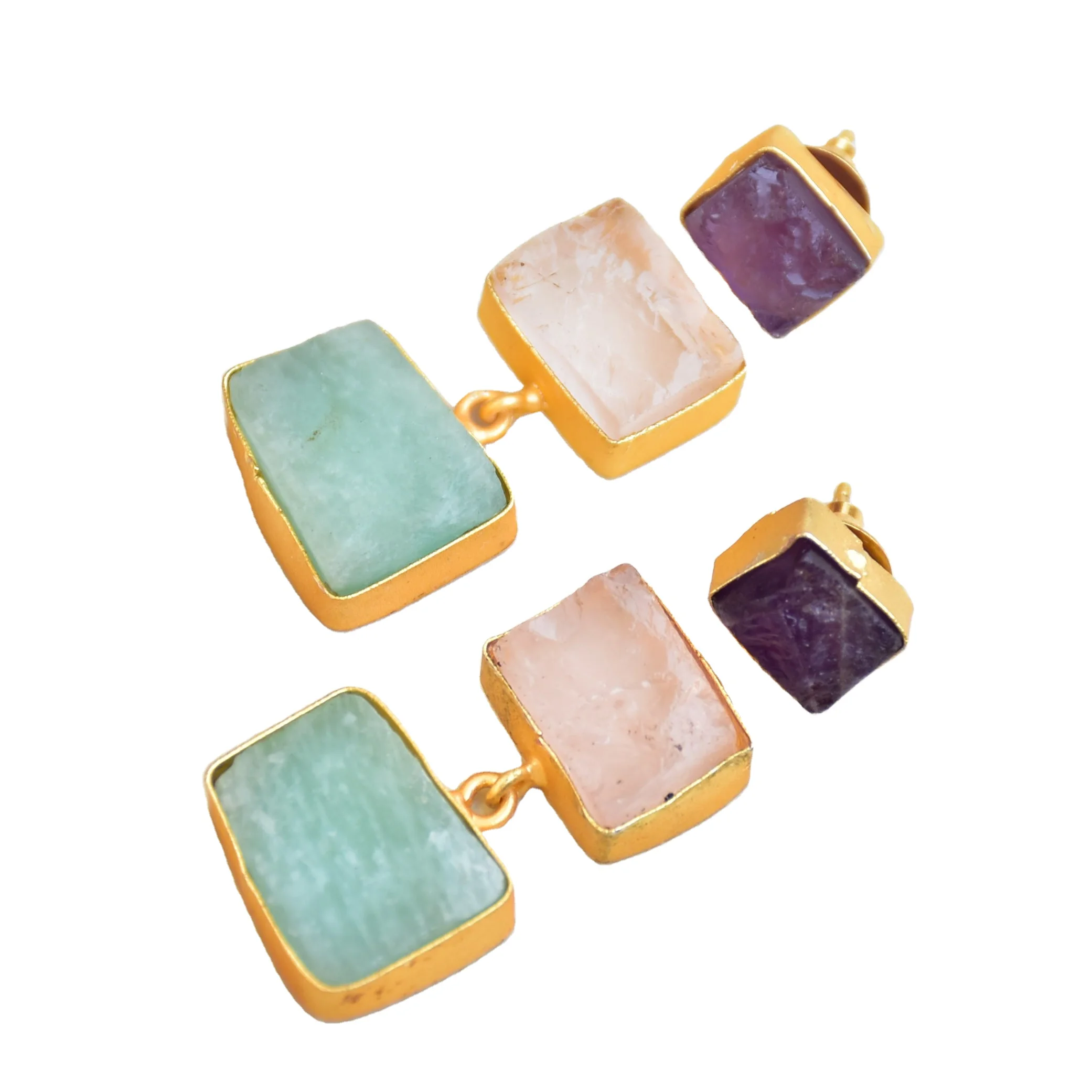 Semi-precious stone earrings Raw gemstone handmade jewelry suppliers trendy natural stone jewellery drop earrings Gold plated