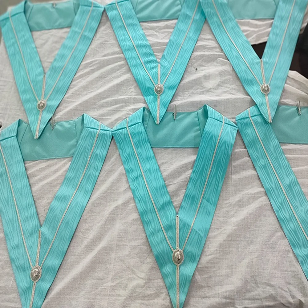 Masonic craft officers collar made with turquoise blue watermarked ribbon  Russian braid backing with hook for jewel