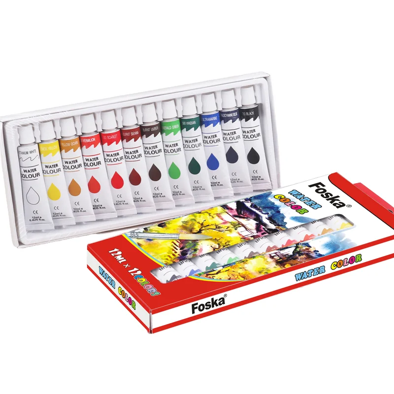 Foska 12 colors x 12ml Non toxic 12pcs Water Color Paint set For Students Water Color Painting For Artists