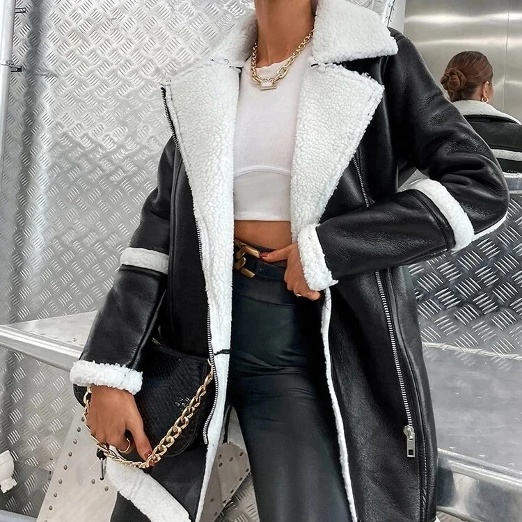 OEM customised Winter Women Faux Shearling Sheepskin Faux Leather Jacket Lady Thick Warm Suede Lamb Short Moto Biker Black Coats