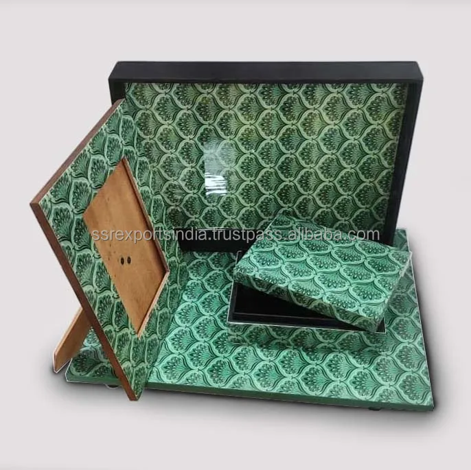 Handicrafts Bamboo Table Desk Organizer Wooden Frame Box Tray Set Office Decoration with Home Theme and Model Pattern