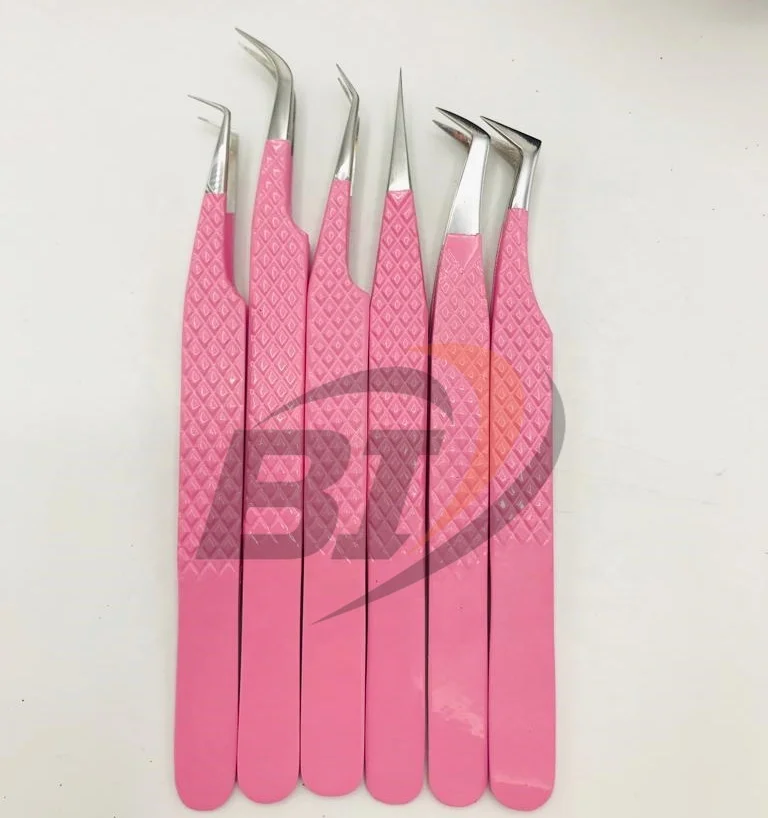 Pink Color Coated Stainless Steel Hand Tested Diamond Grip Eyelash Extension Tweezers/ Tweezers for Eyelash Extension