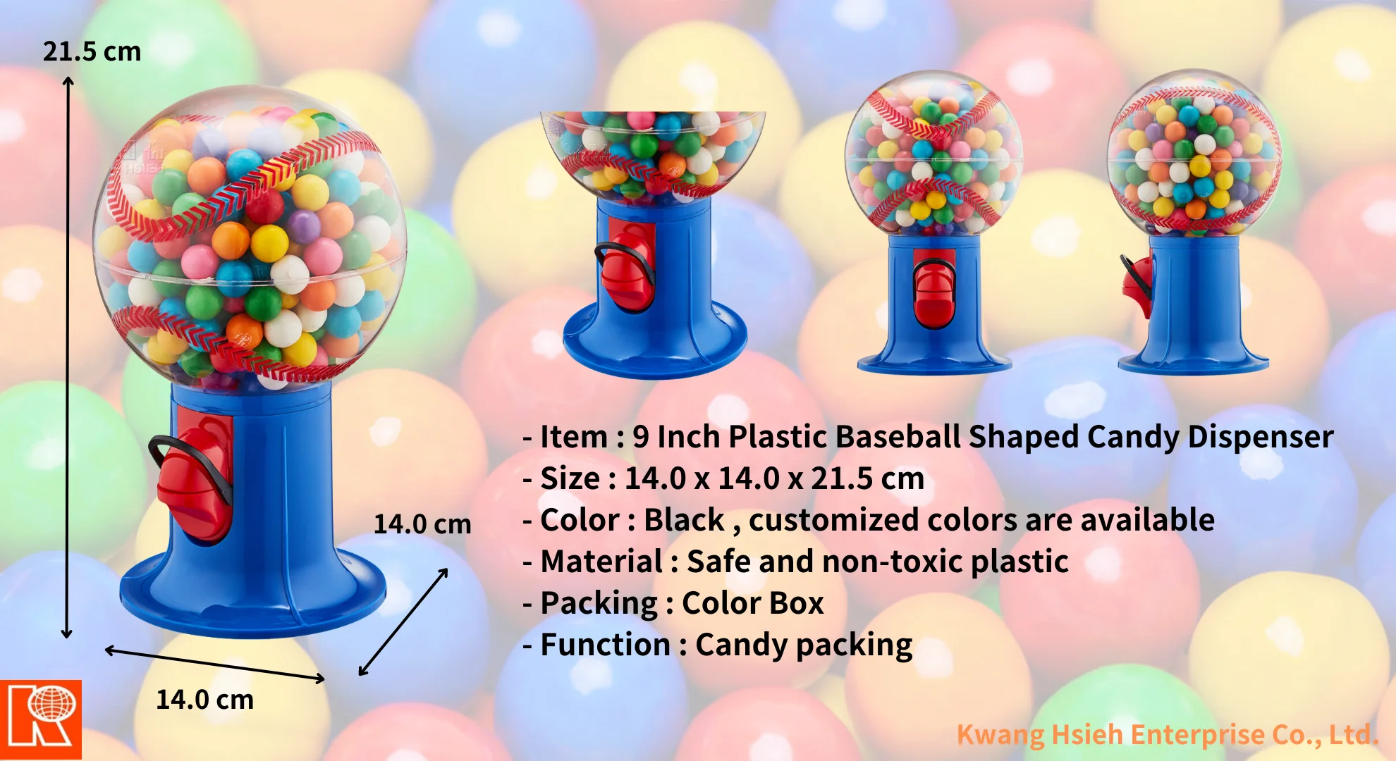 Kwang Hsieh Baseball Shaped Snack Jelly Bean Candy Chewing Gum Gumball Dispenser