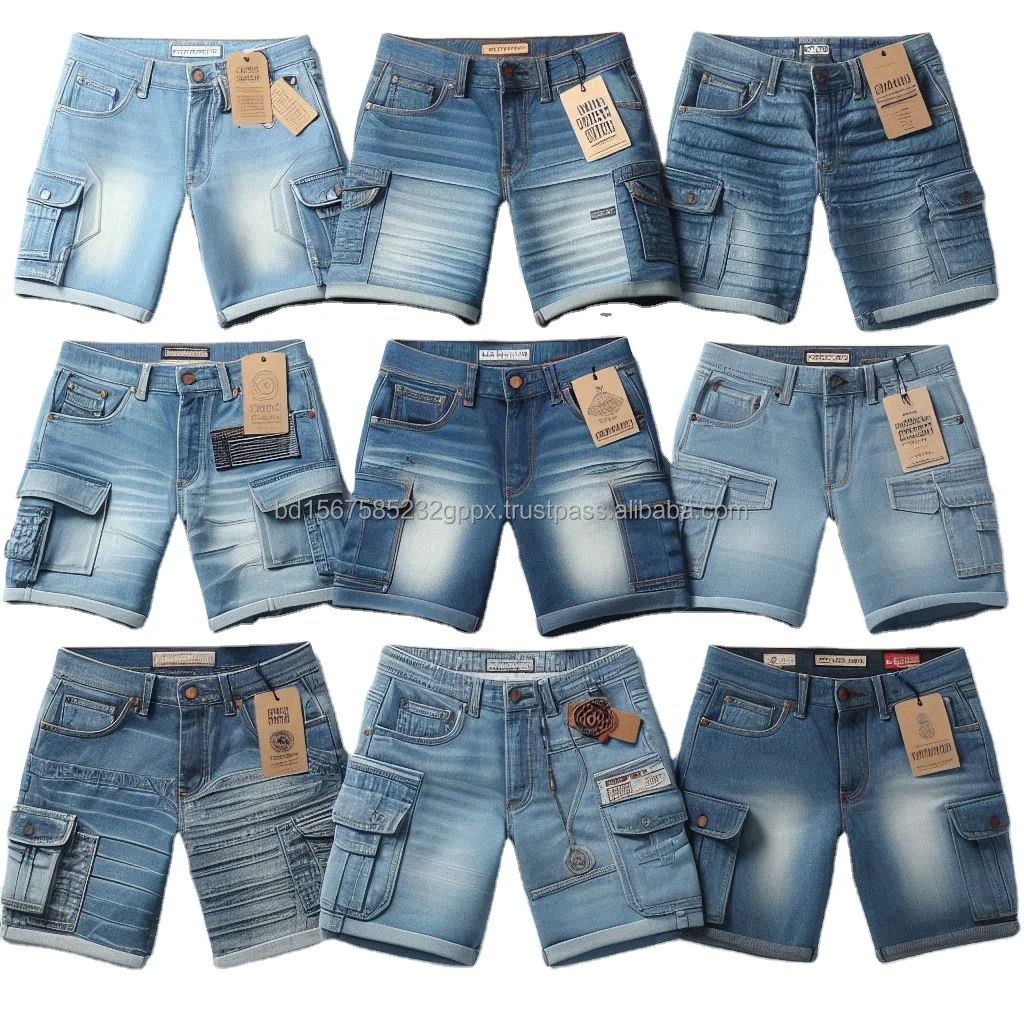 Trendy Dark Washed Denim Cargo Shorts High Quality 8 Pockets Vintage Style Smart Casual for Summer Streetwear Customized Labels