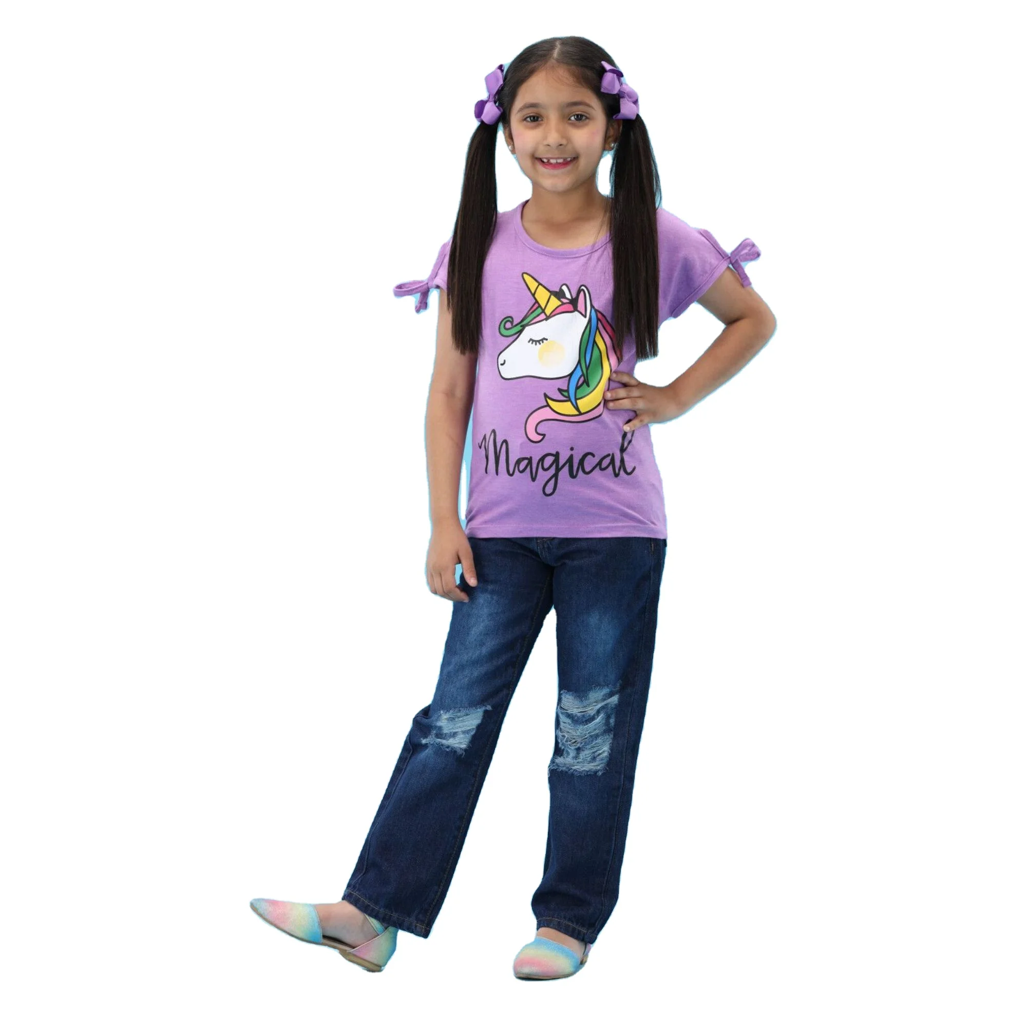 Custom Graphic 100% Knitted Pure Combed Cotton Fabric Regular Length Cap Sleeves Light Purple T-Shirt for Girls