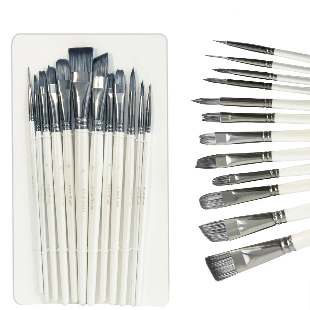 12 Pack Paint Brush Set Nylon Hair Wooden Handle Painting Brushes for Oil Watercolor Acrylic Art Painting