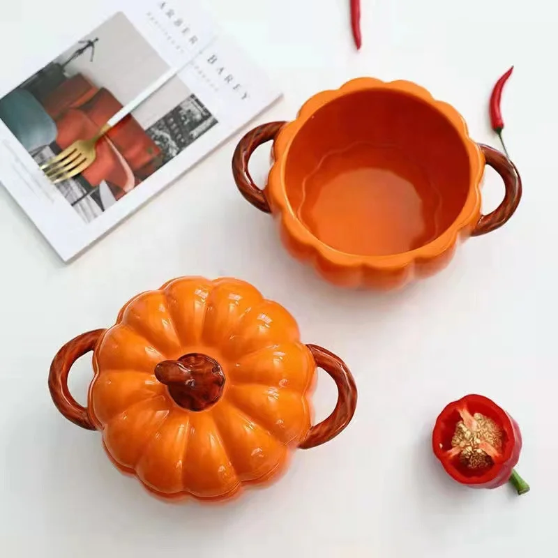 Modern Shaped Ceramic Bowl With Lid Creatively Ceramic White Pumpkins Shaped Dinnerware Bowls With Two Handles
