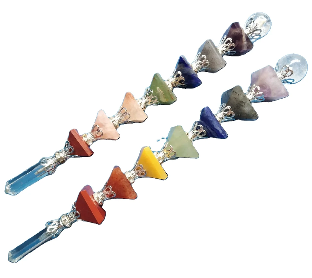 natural stone stick 7 chakra pyramid clear quartz crystal pencil point & beads seven chakra healing reiki wand