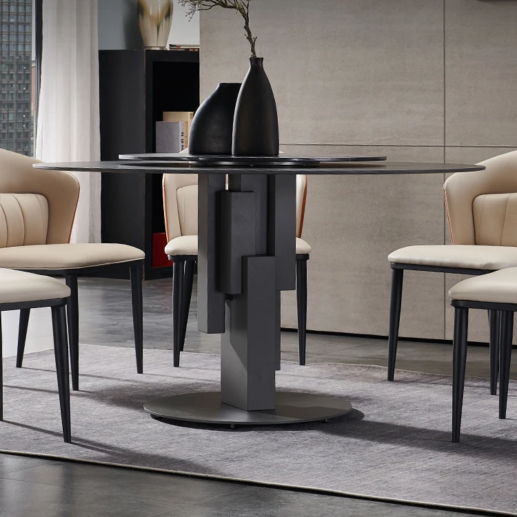 Luxury Diningroom Round Marble Dining Table Sintered Stone Top Stainless Steel Legs Lazy Susan Rotation Dining Table
