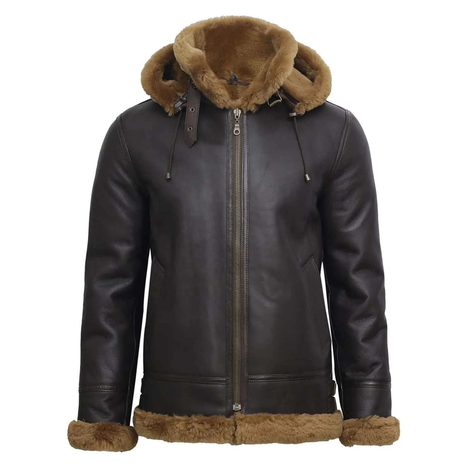 BRANDSLOCK Mens Aviator Flying Genuine Shearling Sheepskin Leather Bomber Hooded Jacket Brown White Sherpa Inner