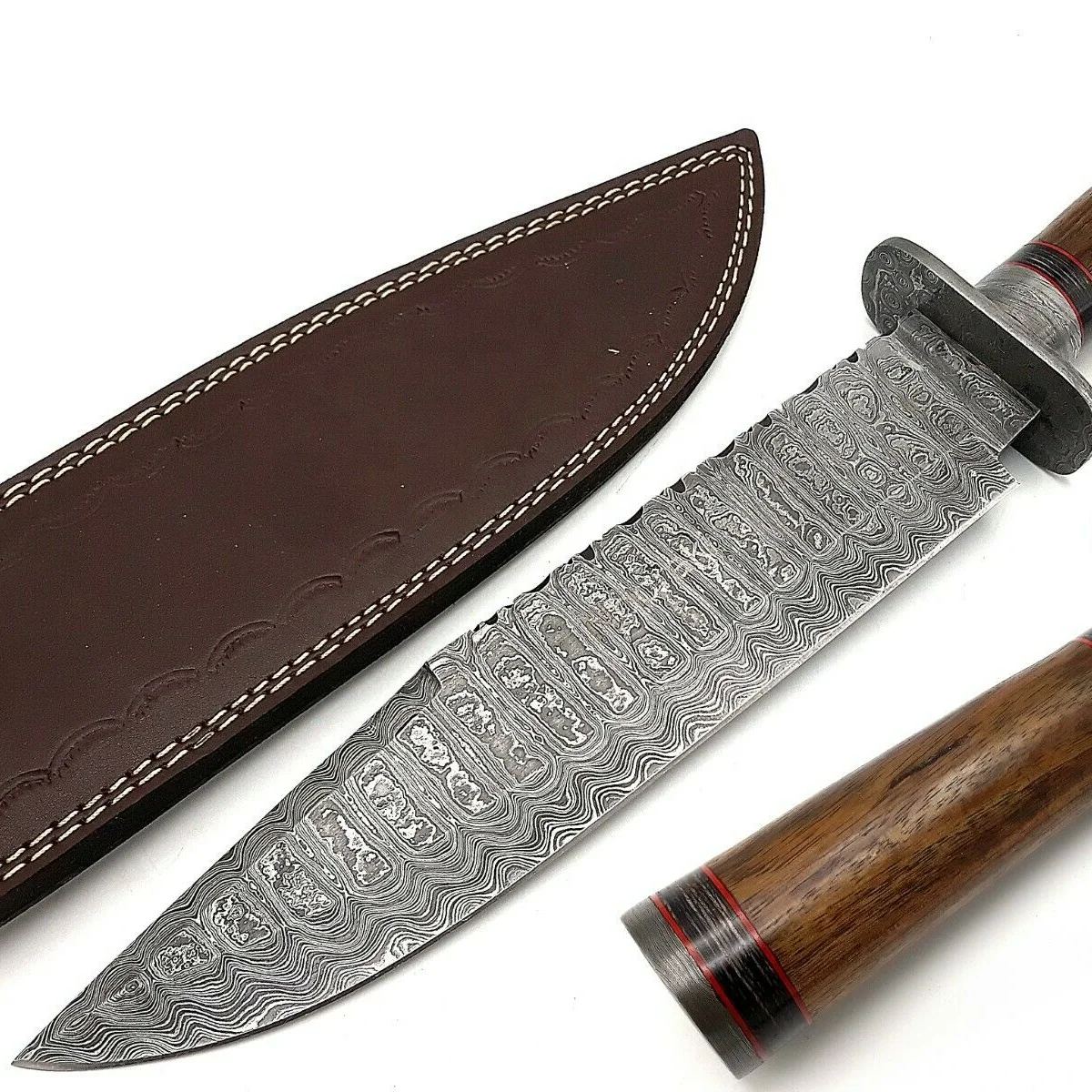 Handmade Custom Forged Damascus Steel Bowie Knife Multi-Use Fixed Blade with Wood Handle for Hunting OEM Support