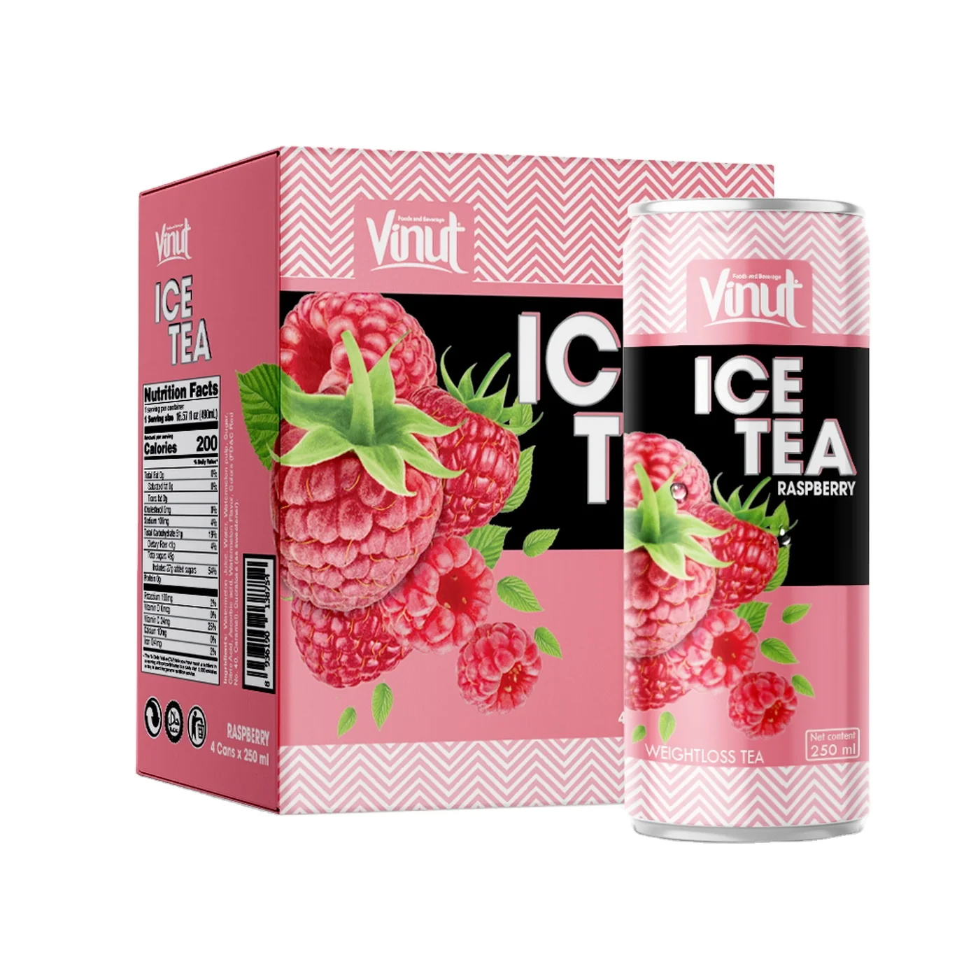 
250ml Carbonated Soft Drinks VINUT Box 4 Cans Ice Tea Raspberry juice Supplier Best Price High Quality Natural ODM 