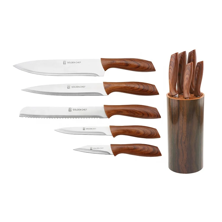 Yangjiang Factory, 5pc kitchen Chef bread slicer knife set stainless steel blade rose gold color handle in rose gold block