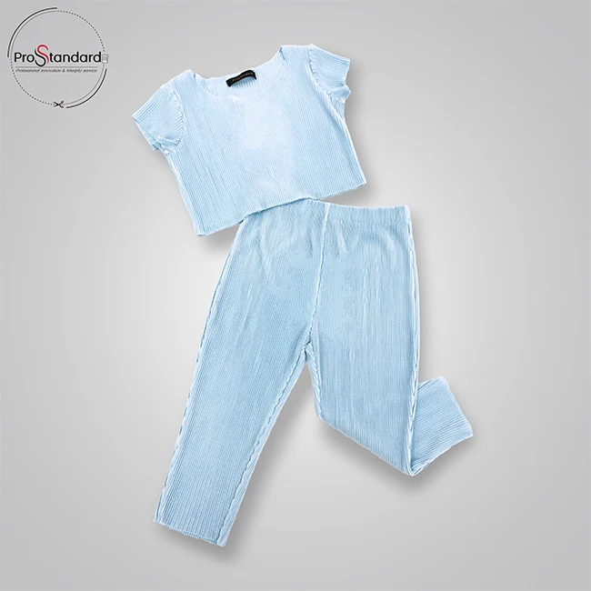 Kids Fashion Two Pieces Set Baby Girls Blue Pleated Top& Trousers Korean Style
