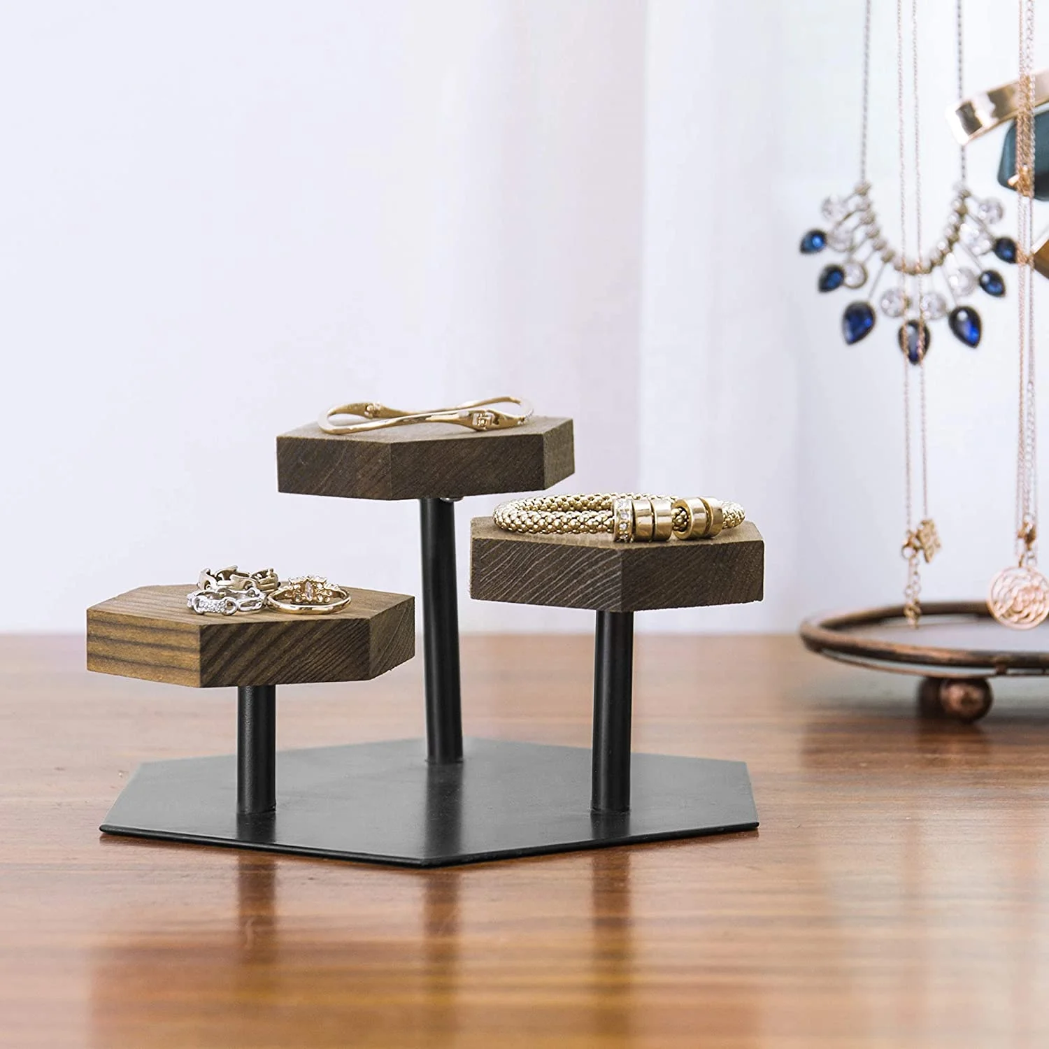 Rustic Distressed Gray on Brown Wood and Vintage Galvanized Silver Metal Tea Bag Holder Dispenser Server Display Rack Tray