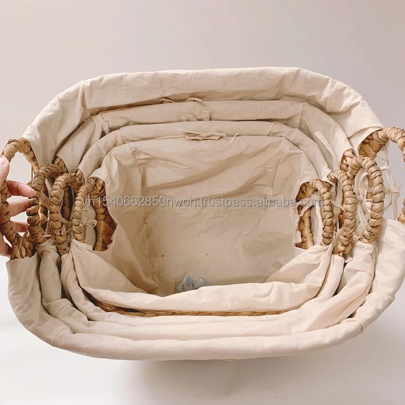 Natural Set 4 Handmade Liner Water Hyacinth Storage basket Woven Seagrass Baskets with Handles Home Decor Laundry Wicker Basket