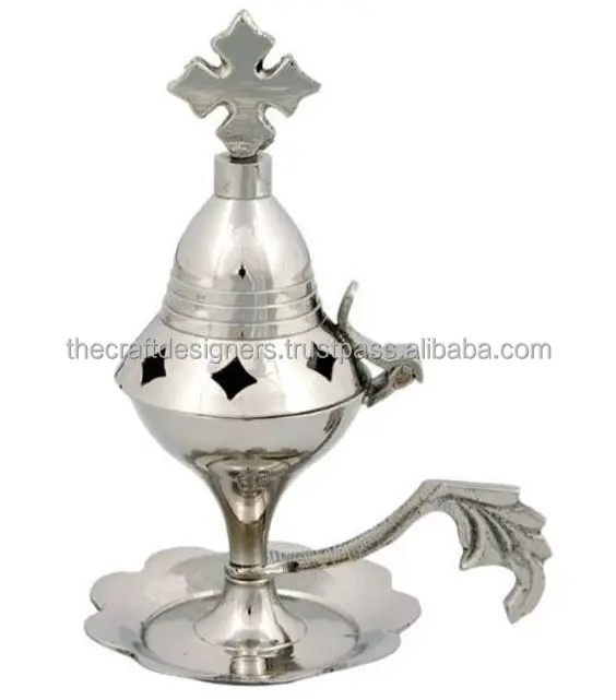 Silver Finished Brass Incense Burner Cross on Top Table Decorative Wholesale Quality Incense Burner Religious Fragrance Burner