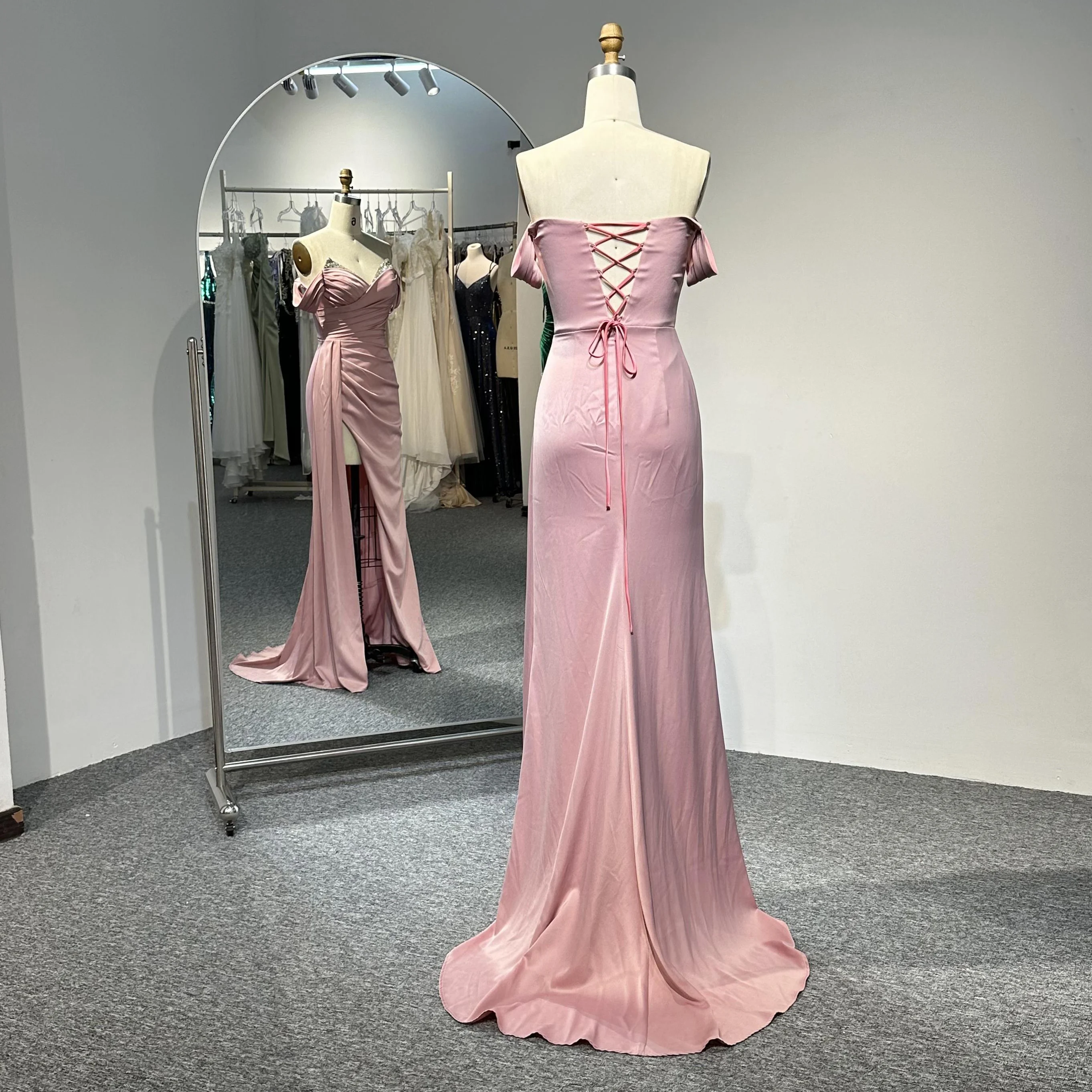 Pink Charmeuse Satin Fabric High Slit Strapless Gathered Pleated Handmade Beaded Embroidery Wedding Prom Dinner Evening Gowns