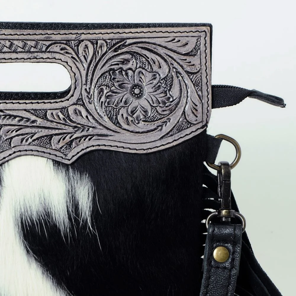 Cow Suede Fringes Women Crossbody Leather Bag with Hand Tooled Cowhide Leather Adjustable Matching Straps and Multiple Pockets