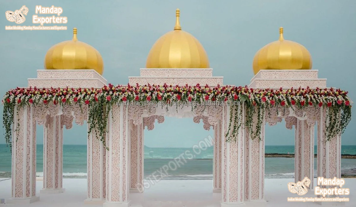 Best Traditional Indian Wedding Mandap Design with Arch Shape Square and Triple Pillars Trending Pipe and Drape Decorations