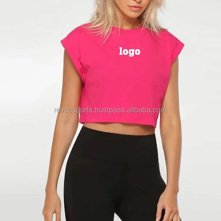 Flame Running Custom Logo Women Fitness Gym Crop Top T Shirts Breathable Cotton Hot Pink crewneck sleeveless T shirts for women