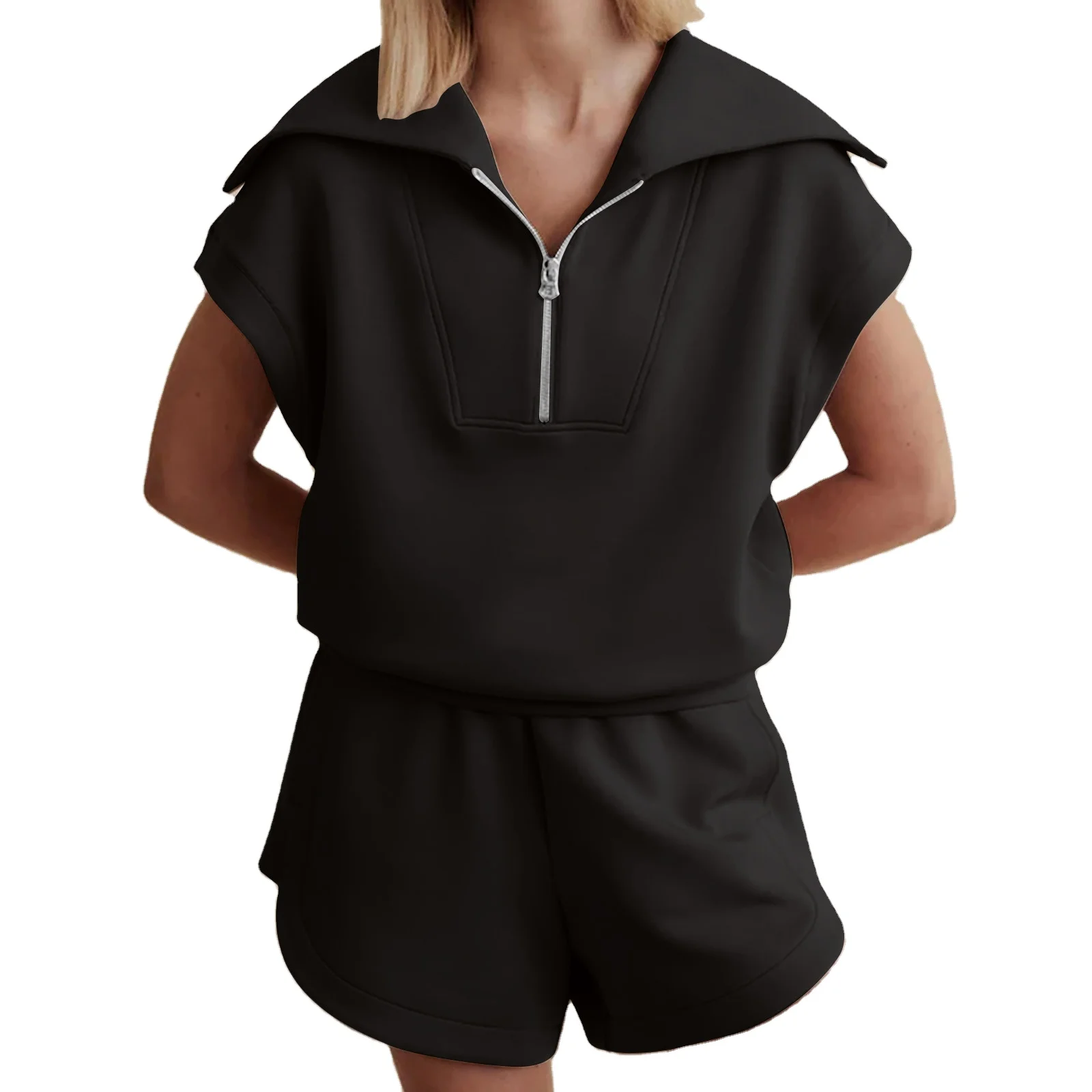 2024 Women clothing casual solid colour half zip top hoodie short sleeve and drawstring high waited shorts tracksuit Sweatshirt