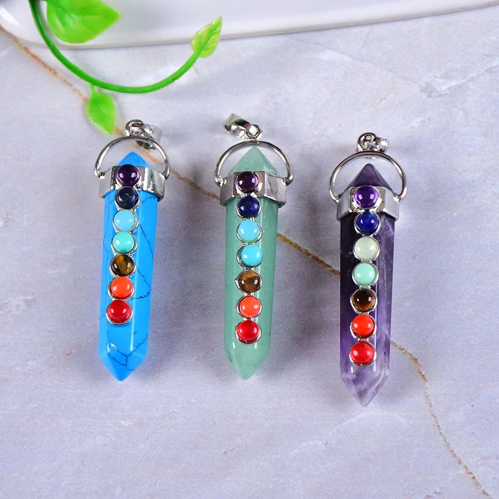 Wholesale Natural 7 Chakras Stone Double Point Gemstone Pendant Reiki Healing Handmade Fashion Pendant For Men Women Charm